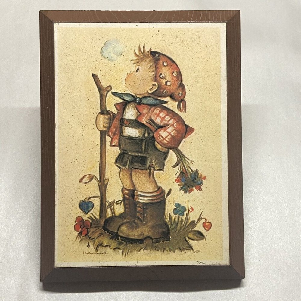 Vintage Hummel Wood Plaque Wall Hanging 5" x 7" Boy Walking Stick Flowers Cold